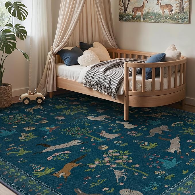 Rugs for Living Room 5x7 Floral Animal Print Area Rug Machine Washable Rug, Non Slip Low Pile Carpet for Bedroom, Entryway, Midnight Blue