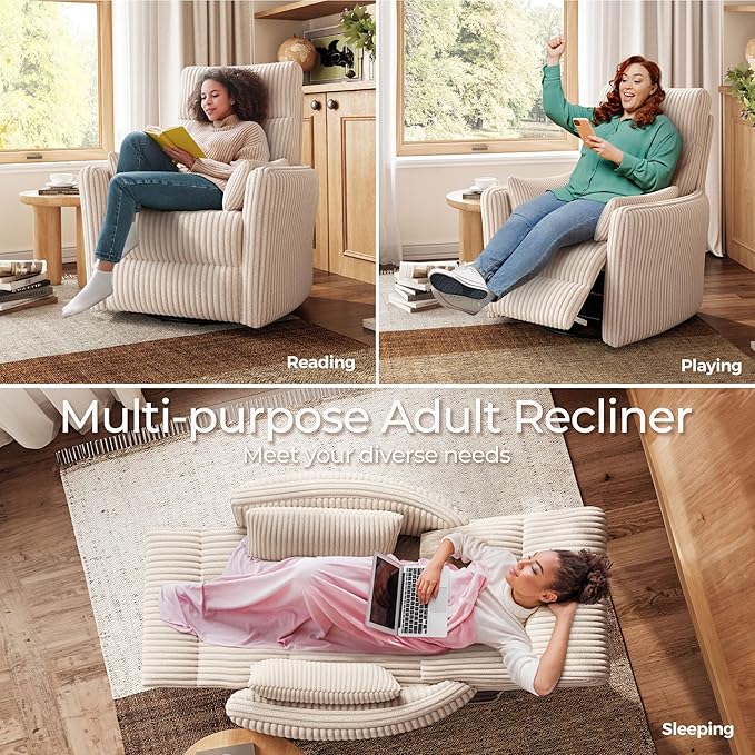 LINSY HOME 360 Swivel Nursery Rocking Chair with 2 Pillows, Corduroy High Back Adult Recliner for Small Spaces, Nursery Glider Rocker Chair, Bedroom Living Room Reclining Chairs (Beige)