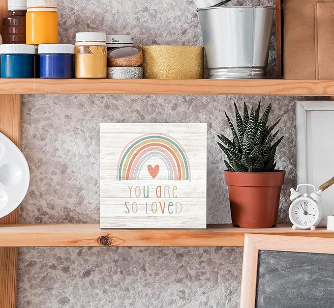 SRADMO You Are So Loved Rainbow Heart Wood Box Sign Desk Decor, Kids Inspirational Quotes Wooden Block Box Sign Decoration For Kids Room Nursery Playroom Shelf Table Decor