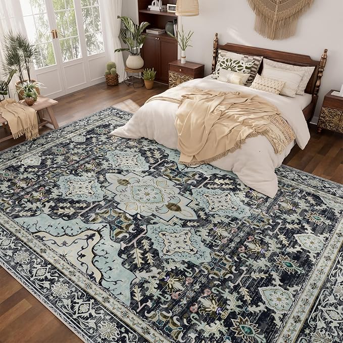 AMTOVO 8x10 Area Rugs for Living Room, Large Non-Slip Washable Rug, Boho Vintage Retro Medallion Print Pattern Carpet for Bedroom Dining Room Home Office Nursery Dorm Farmhouse, Grayish Blue