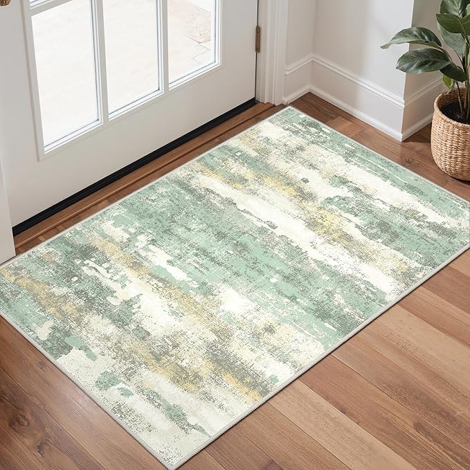 GENIMO 2x3 Rugs for Entryway, Washable Bathroom Kitchen Rugs Non Slip, Modern Abstract Soft Small Area Rug Indoor, Low Pile Throw Carpet, Light Green