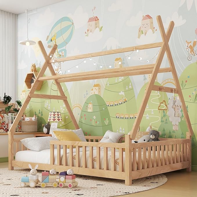 Full House Bed with Roof & LED Light, Low Profile House Bed with Fence, Safe Guardrails, DIY-Friendly for Boys & Girls, Solid Wood & MDF Construction, No Box Spring Required, Natural