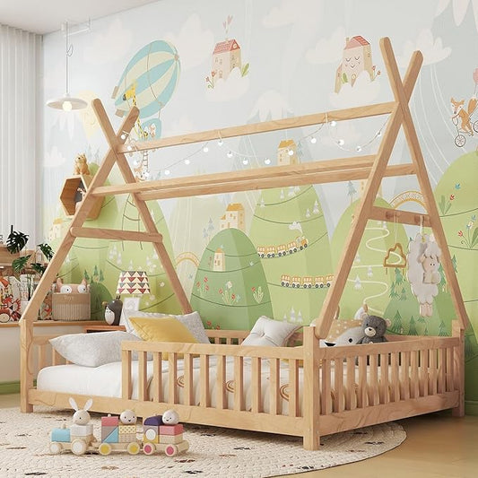 Full House Bed with Roof & LED Light, Low Profile House Bed with Fence, Safe Guardrails, DIY-Friendly for Boys & Girls, Solid Wood & MDF Construction, No Box Spring Required, Natural