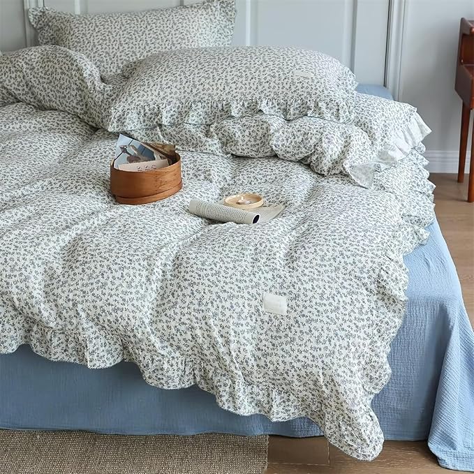 AOJIM Floral Print Duvet Cover 1PC for Kids and Adults, Super Soft Muslin Cotton Ruffled Comforter Cover Full Size 79X90'', Vintage Room Decor Breathable Durable Bedding Duvet Cover with Zipper, Blue
