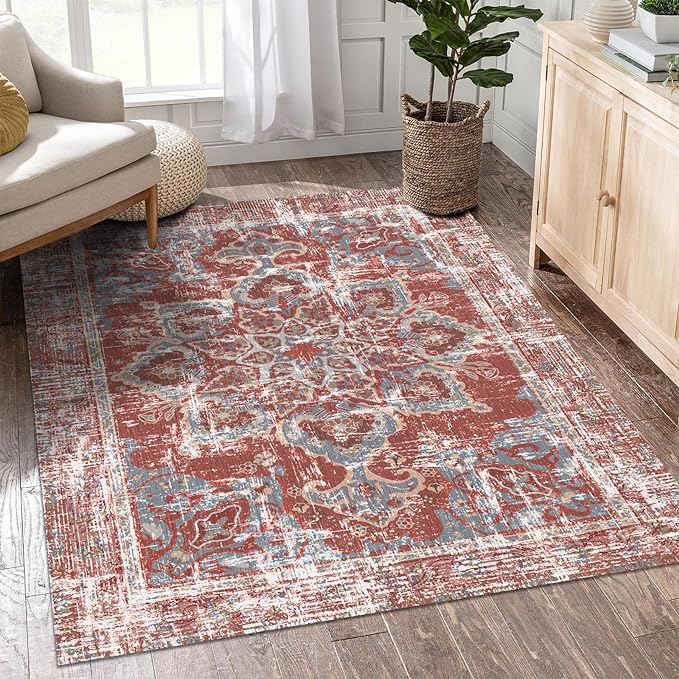 Vhong Vintage Area Rugs Boho Washable Neutral Modern Brick Red Burgundy 3x5 Non Slip Small Carpet for Living Room Dining Room Bedroom Farmhouse