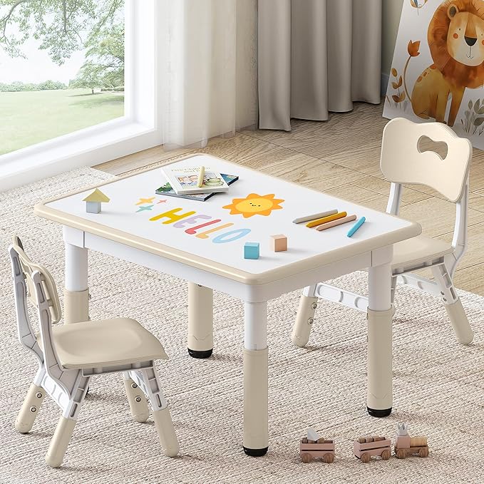 Kids Study Table and Chairs Set, Height Adjustable Toddler Table and Chair Set for Kids Ages 3-8, 31.5" L x 23.6" W Graffiti Desktop Plastic Children Art Table with 2 Seats