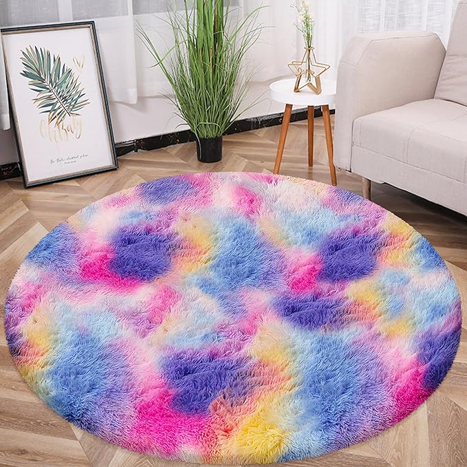 5 ft Soft Rainbow Rug for Girls Room, Fluffy Shaggy Princess Circular Big Rug Colorful Carpet for Kids Teens Toddler Playroom Nursery Reading Nook, Home Decor，Hot Pink