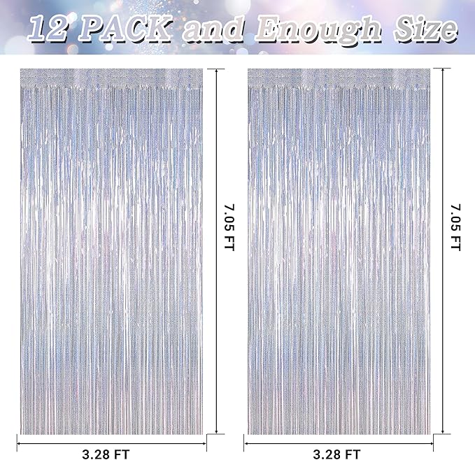 12 Pack Fringe Backdrop, 3.28 FT x 7.08 FT Glitter Silver Tinsel Curtain, Metallic Foil Curtains Party Streamer Disco Backdrop, Silver Party Decorations for New Year Birthday Holiday