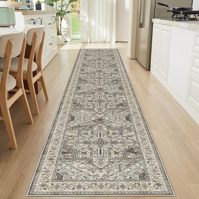 WITSHOCK 3x16 Extra Long Runner Rug for Hallway: Washable Boho Low Pile Stain Resistant Foldable Floor Carpet for Bedroom Entryway Bathroom Kitchen, Distressed Farmhouse Rug, Brown/Lvory, 36″x192″