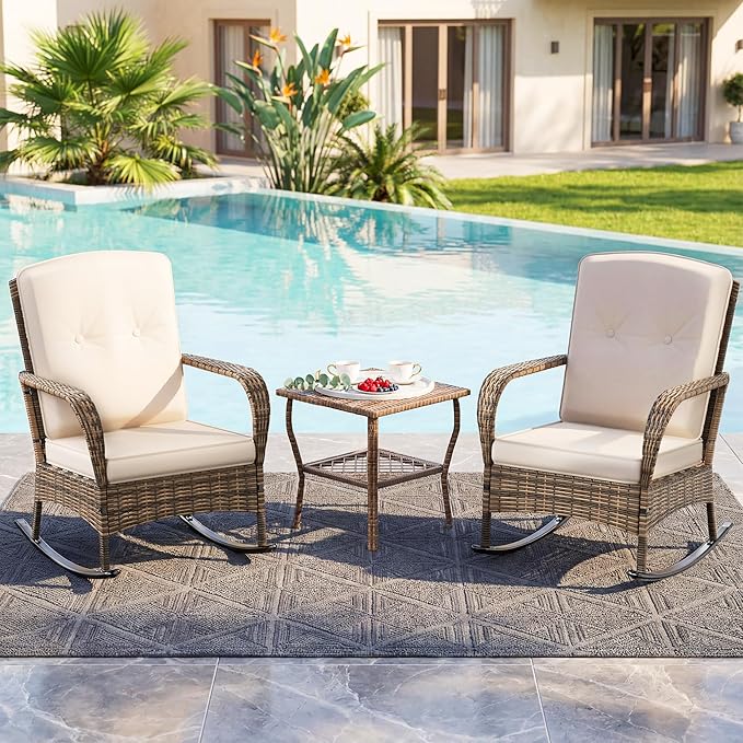 DECMICO 3 Pieces Rocking Bistro Set, Wicker Outdoor Rocking Chair with Washable Cushions, Rattan Rocking Chairs with Rattan Table, Outdoor Wicker Chair for Patio Backyard Porch Garden