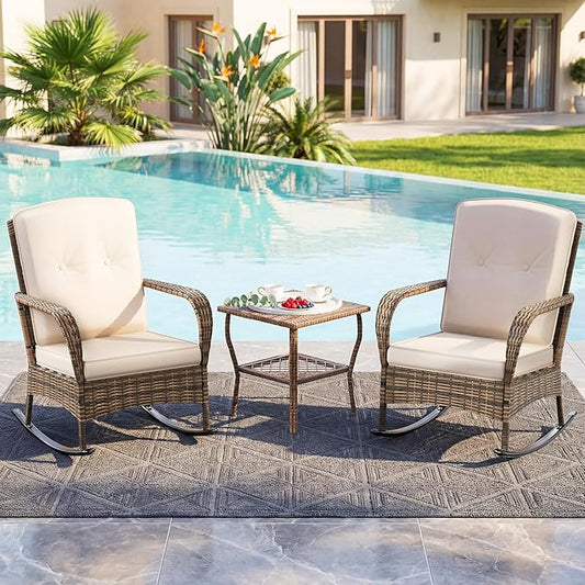 DECMICO 3 Pieces Rocking Bistro Set, Wicker Outdoor Rocking Chair with Washable Cushions, Rattan Rocking Chairs with Rattan Table, Outdoor Wicker Chair for Patio Backyard Porch Garden