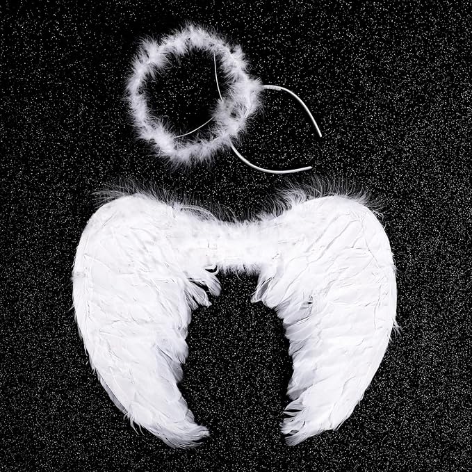 Haysandy 3 Pcs Christmas Angel Costumes for Kids Girls Set Fairy Dress Angel Feather Wings Headband for Xmas Dress up Cosplay