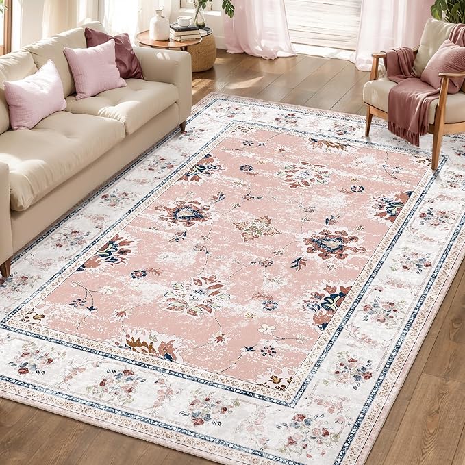 Tangsoo Floral 8x10 Washable Rug Pink Area Rugs for Living Room Large Bedroom Rug Non Slip Soft Indoor Floor Carpet for Girls Room Nursery Playroom