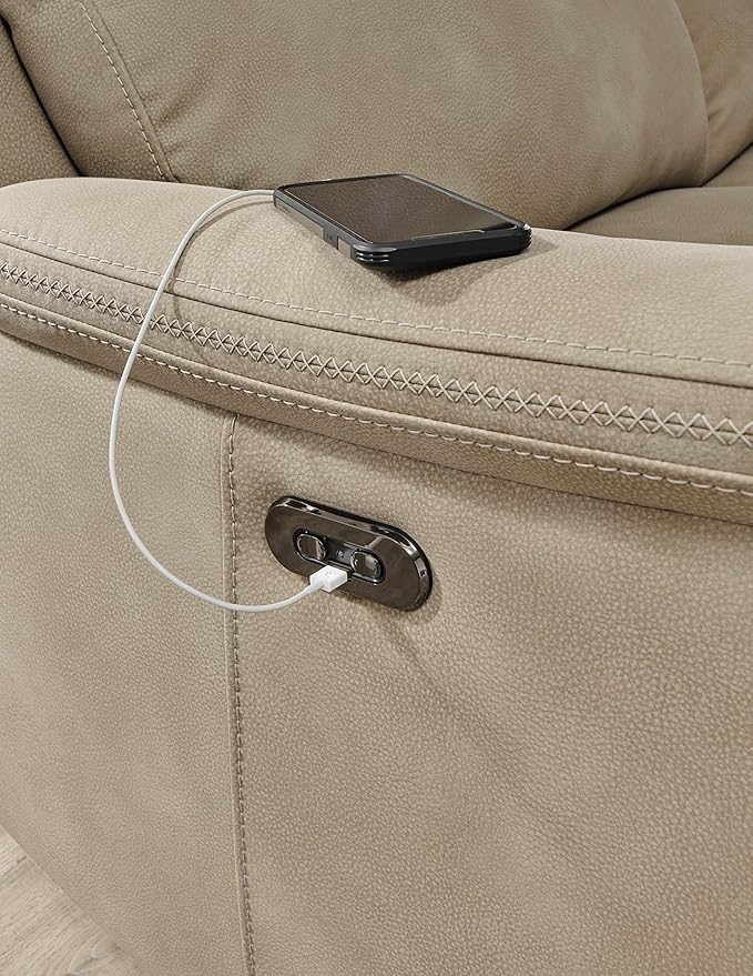 Signature Design by Ashley Next-Gen DuraPella Power Reclining Sofa with Adjustable Headrest, USB, Extended Ottoman, Faux Leather, 80" W x 42" D x 42" H, Beige Sand