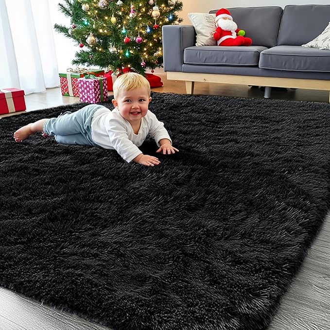 8x10 Area Rug for Living Room, Modern Black Shag Shaggy Plush Carpet Washable Non-Slip Large Rug Super Soft Indoor Fuzzy Fluffy Carpet for Bedroom Home Aesthetic Decor