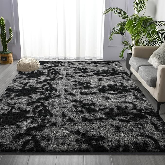 Soft Area Rugs for Living Room, 4 x 6 Ft Thickened Memory Foam Rug for Bedroom, Non-Slip Tie-Dyed Indoor Floor Carpet for Boys Girls Room Nursery Home Decor, Dark Grey