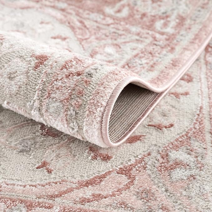 BoutiqueRugs Blush & Light Pink Collection Zora Bohemian Oriental Medallion Area Rug - Traditional Floral Carpet for Living Room, Bedroom - Blush, Pale Pink, Cream - 6'7" x 9'2" (6x9 Area Rug)