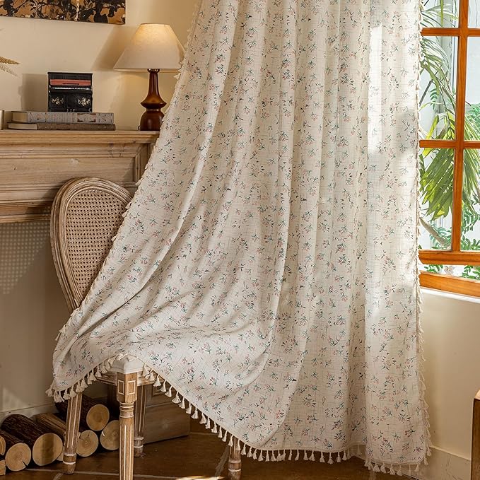 OYX Boho Floral Curtains 96 Inch Length 2 Panels for Living Room, Bedroom Light Filtering Drapes, Farmhouse Vintage Country French Rustic Tassels Pattern Rod Pocket Aesthetic Decor Window Treatments