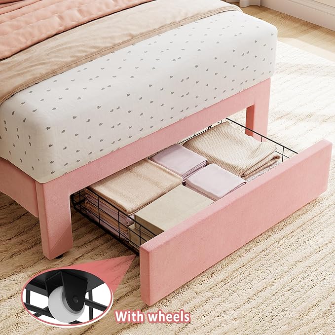 GarveeHome 2 Sets Twin Bed Frame with Under-Bed Drawer, Upholstered Platform Bed with Wave Headboard for Kids/Girls, Wooden Slats Support, No Box Spring Needed, Velvet Pink