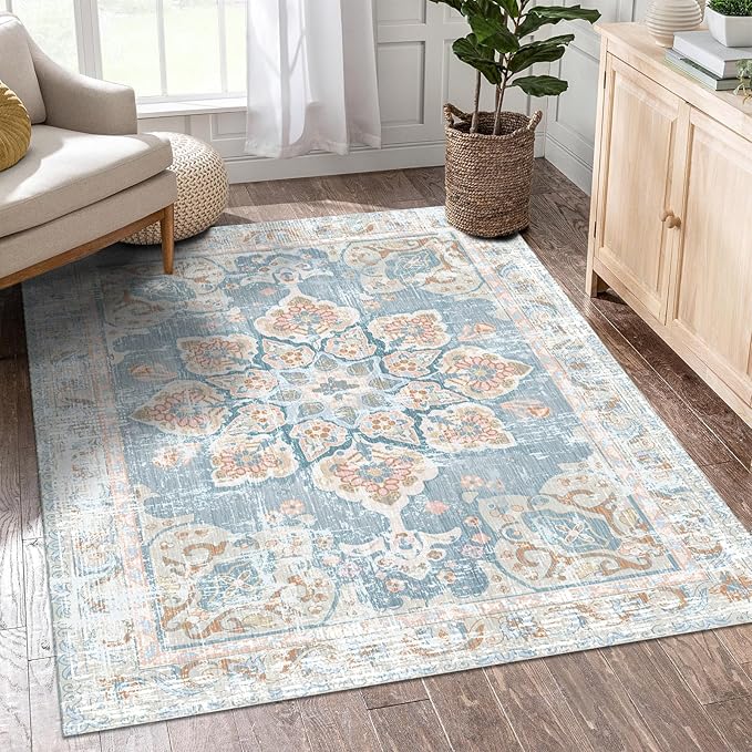 Vhong Washable Area Rugs Boho Vintage Neutral Modern Pale Blue 3x5 Non Slip Small Carpet for Living Room Dining Room Bedroom Farmhouse