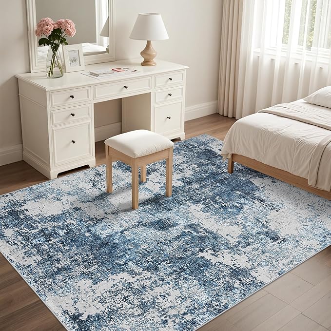 Washable Rug 6x9 Area Rugs: Soft Large Living Room Rug with Anti-Slip Backing Non-Shedding Stain-Resistant Modern Abstract Carpet for Bedroom Dining Room Nursery Home Office-Blue