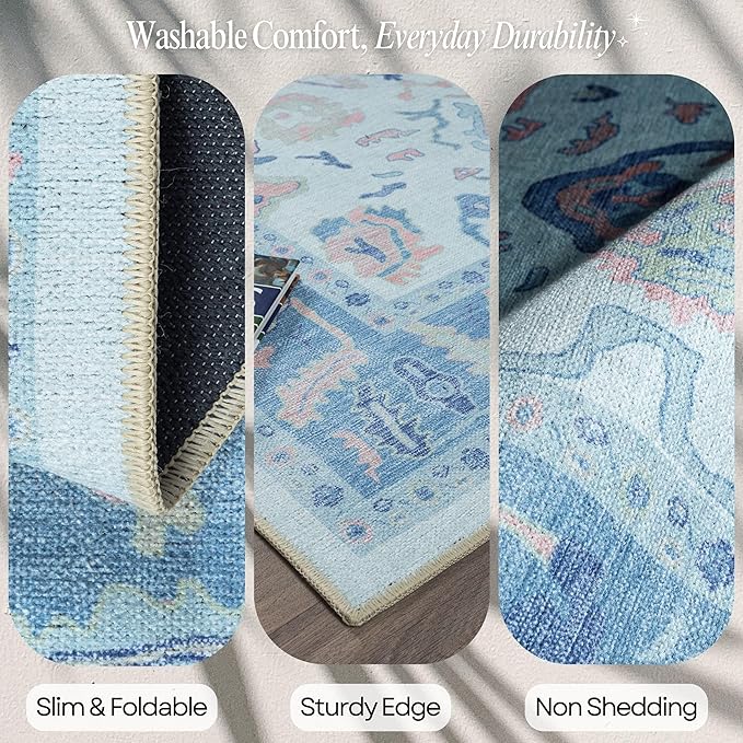 Fame Rugs Blue Modern Oushak Rug 2x3, Vintage Doormat Turkish Colorful Oriental Antique Inspired Washable Small Area Rug, Luxury Living Room Bedroom (995BB, 2' x 3')