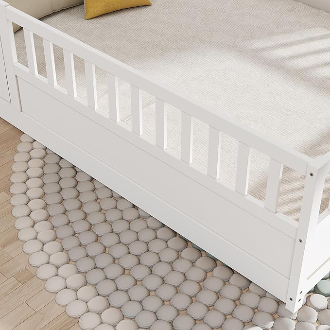 GDFStudio Full Size Floor Bed Frame with Opening Door & Guardrails, Montessori Toddler Full Bed Frame for Boys Girls, Wooden Low to Floor Bed Rails for Toddlers, Support Slat, White