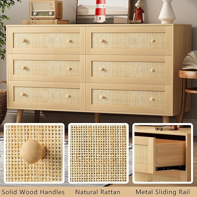 6 Drawer Dresser for Bedroom, 47.3" Rattan Chest of Drawers with Wooden Knobs, Natural Wood Dresser for Closet TV Stand Storage Organizer for Bedroom, Hallway, Office, Oak