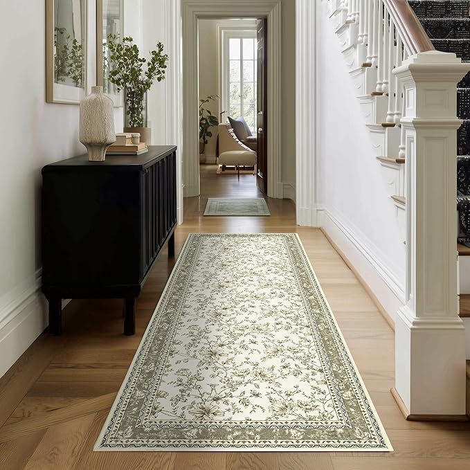 Greyish Beige Runner Rugs 2x6 for Hallway Kitchen Bedroom Beside Laundry Room Bathroom Rug Boho Modern Washable Non Slip Low Pile Stain ResisTaupet Soft Long Carpet Mat Khaki Taupe Floral Pattern