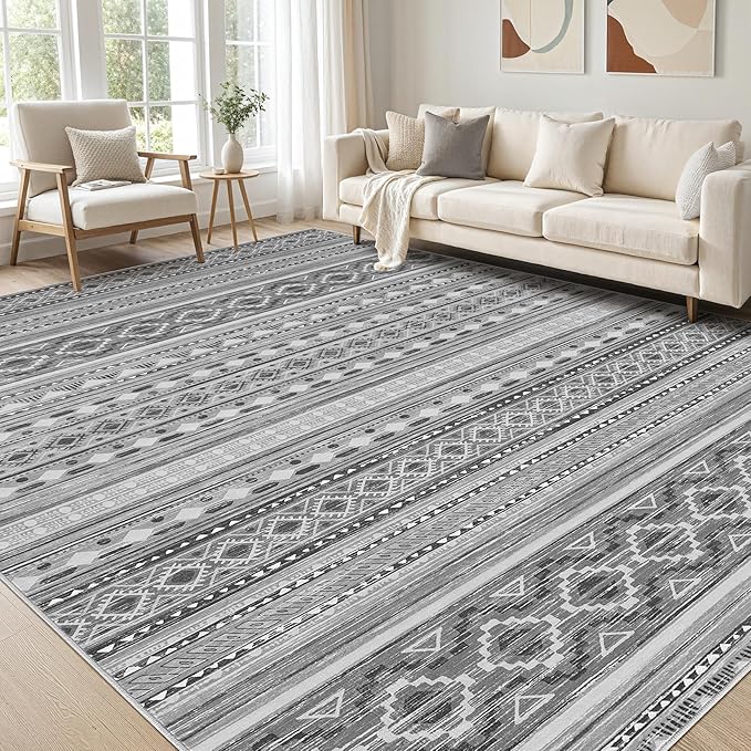 Area Rugs for Living Room Washable Living Room Rug Soft Neutral Indoor Floor Carpet Non-Slip Stain Resistant Modern Boho Rugs for Bedroom Dining Room Kids Room Nursery Office Home Grey/Beige