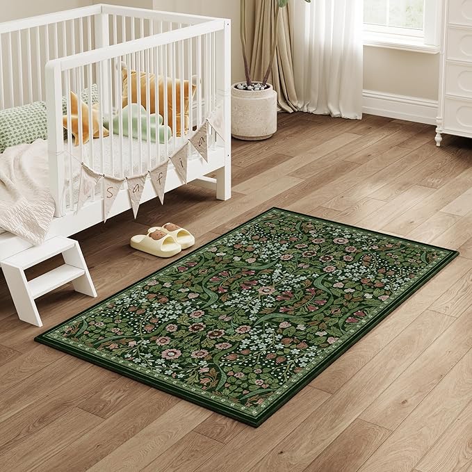 3x5 Floral Washable Area Rug for Kitchen, Non-Slip Soft Vintage Boho Carpet, Botanical Forest Green Small Low Pile Rugs for Bedroom, Entryway, Home Office, Dorm, Dark Green