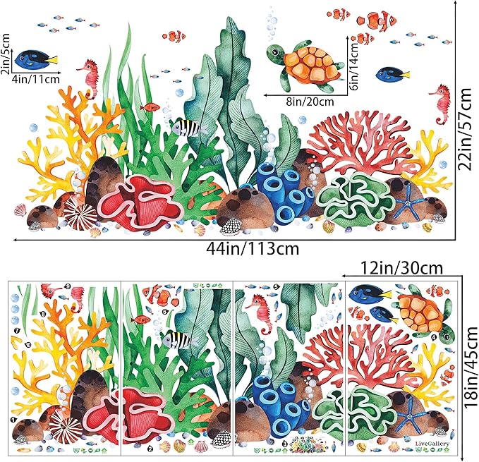 LiveGallery Coral Seaweed Wall Sticker Ocean Life Wall Decals Shell Conch Hippocampus Sea Turtle Tropical Fish Marine Plants Wall Decorations for Kids Bedroom Living Room Nursery Office