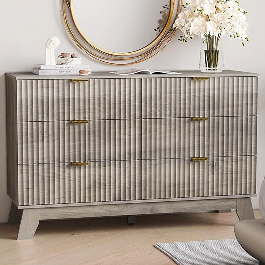 6 Drawer Dresser for Bedroom, Fluted Dressers Chest of Drawers with Gold Handle, Mid Century Modern Dresser for Closet, Wood Closet Storage Organizer Furniture for Bedroom, Living Room, Hallway, Grey