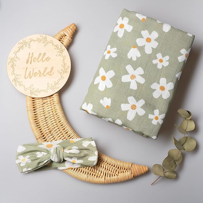 Miaoberry Daisy Garden Spring Floral Muslin Swaddle Set for Baby Girl|100% Organic Cotton Blanket with Matching Bow|Boho Indie Vintage Sage Green|Hospital Receiving Blanket