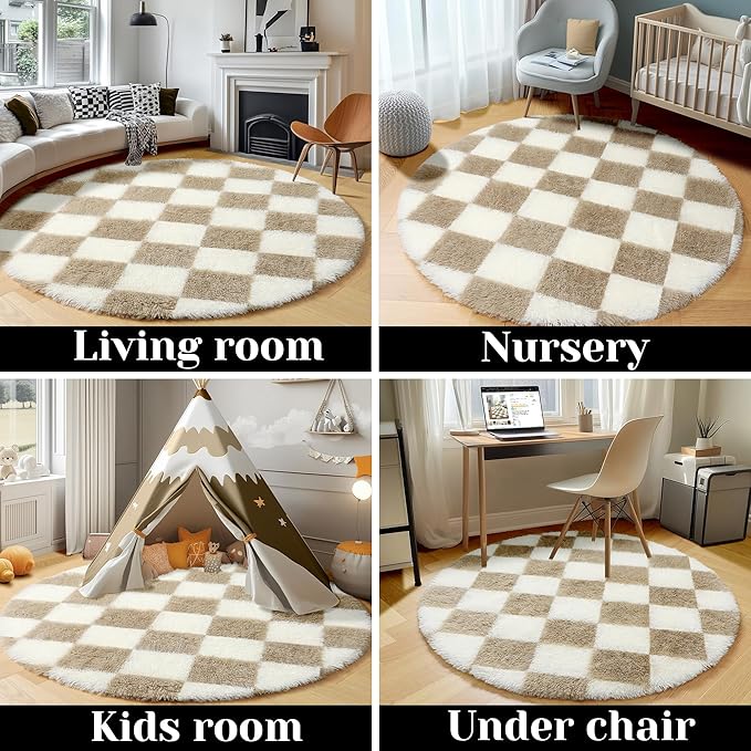 KICMOR Round Rugs for Bedroom, 4ft Fluffy Soft Circle Area Rug Beige and Cream White Checkered Shag Shaggy Carpet Small Living Room Circular Rug for Kids Boys Girls Dorm Nursery Home Decor Aesthetic