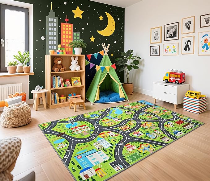 Community Helpers Play Rug – Educational Kids Carpet with Fire Station, School, Park & More for Learning and Play, Ideal for Playroom Classroom Bedroom Nursery, 60"x36"