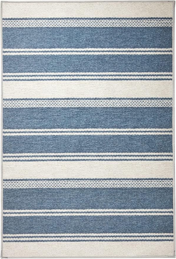 Dash & Albert Bowman Stripe Blue Machine Washable Rug, 4 X 6 Feet, Blue Stripe Pattern