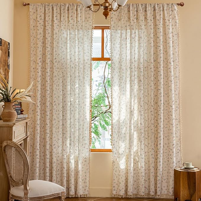 OYX Boho Floral Curtains 63 Inch Length 2 Panels for Living Room, Bedroom Light Filtering Drapes, Farmhouse Vintage Country French Rustic Tassels Pattern Rod Pocket Aesthetic Decor Window Treatments