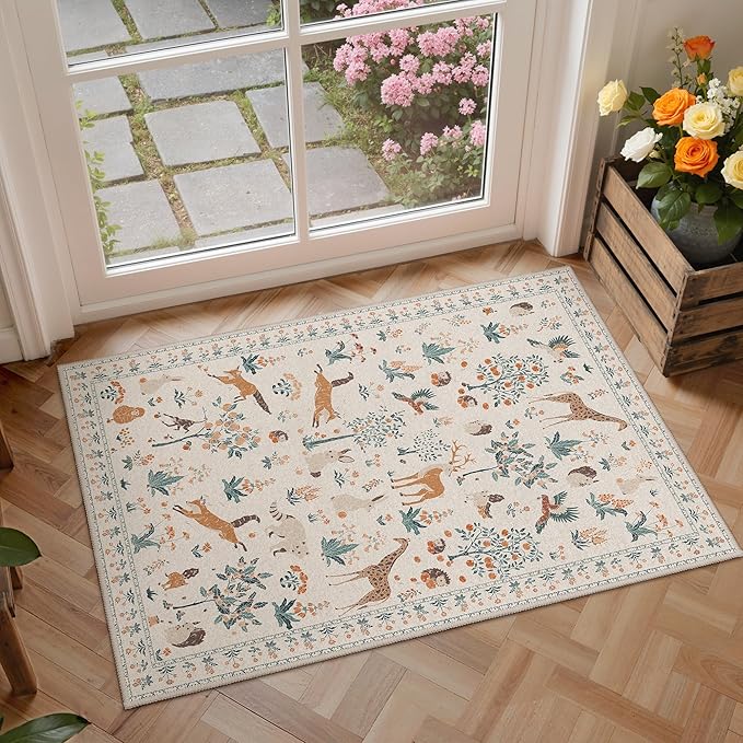Door Mat Indoor Entrance 2x3 Floral Animal Print Rug Machine Washable Rug, Non Slip Low Pile Throw Indoor Doormat for Entryway, Front Door, Nursery, Beige
