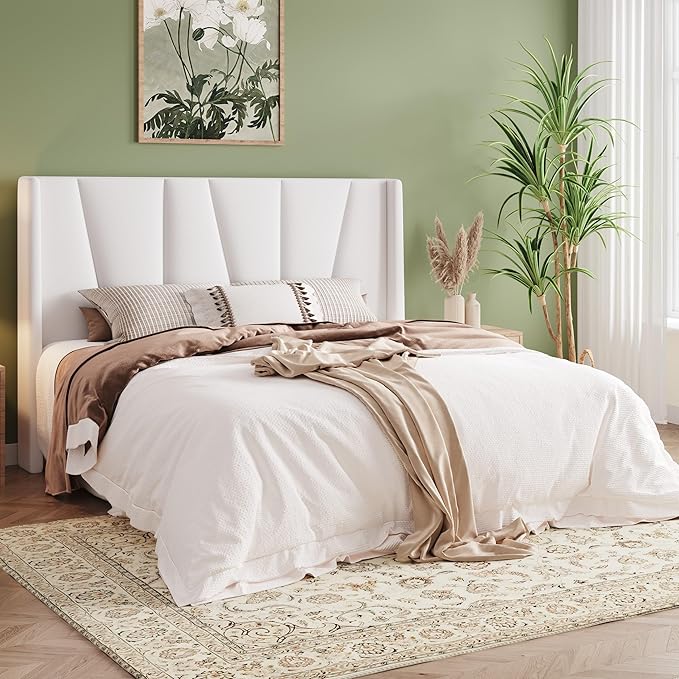 Allewie Full Size Platform Velvet Bed Frame with Geometric Wingback Headboard, Boho Upholstered Bed with Wooden Slats Support, No Box Spring Needed, Easy Assembly, White