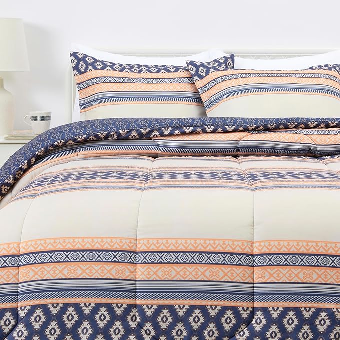 Amazon Basics Lightweight Microfiber Comforter Sets, 3-Pieces, Geometrics, Full/Queen