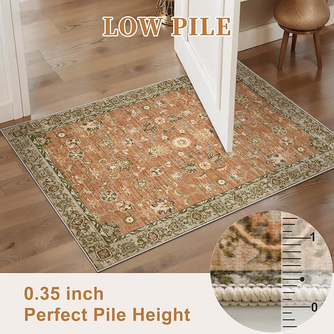 Tangsoo 3x5 Floral Area Rug Washable Non-Slip Low Pile Vintage Boho Distressed Carpet for Bedroom, Entryway, Kitchen, Office, Foyer Decor - Pet & Child Friendly (Terracotta)