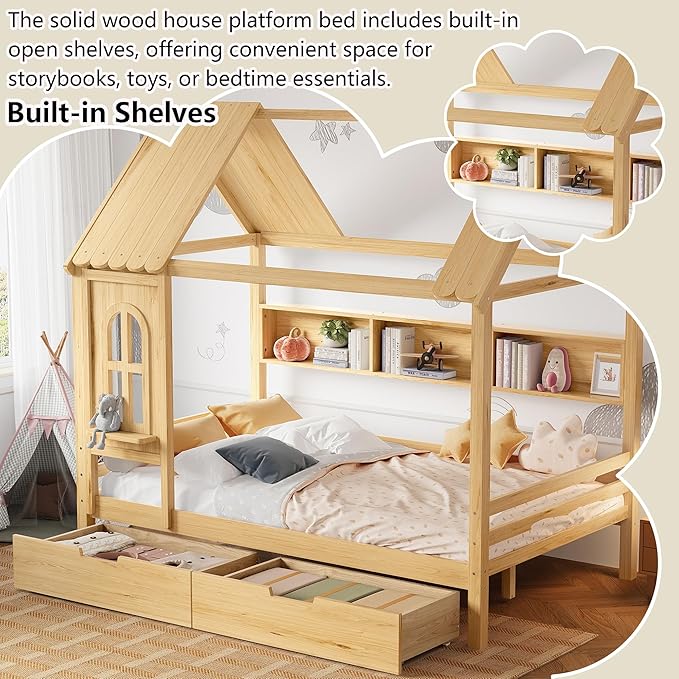Full House Bed with Drawers and Window, Solid Wood House Platform Bed with Shelves, Full Bed Frame with House-shaped Roof for Kids, Boys, Girls, No Box Spring Needed and Childlike Design, Natural