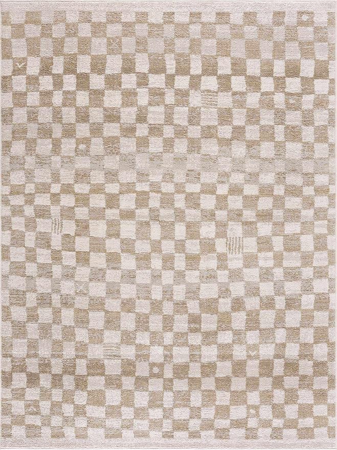 Hauteloom Pertek Modern Checkered Area Rug - Modern Geometric Carpet for Living Room, Kids Room, Nursery - Bohemian Boho Carpet - Cream, Beige, Gold - 6'7" x 9'