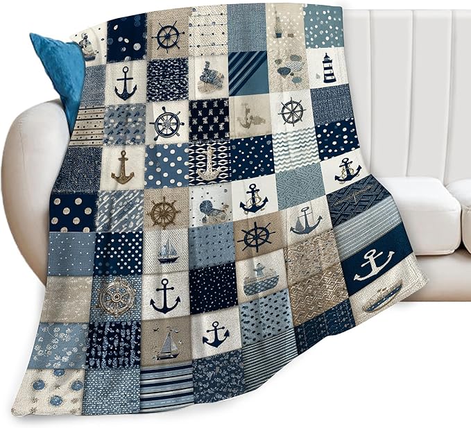 Nautical Blanket Ocean Sea Throw Blanket Sailboat Anchor Soft Cozy Fleece Fuzzy Stuffed Plush Flannel Gifts for Girls Women Boys Kids Adults 50"X60"