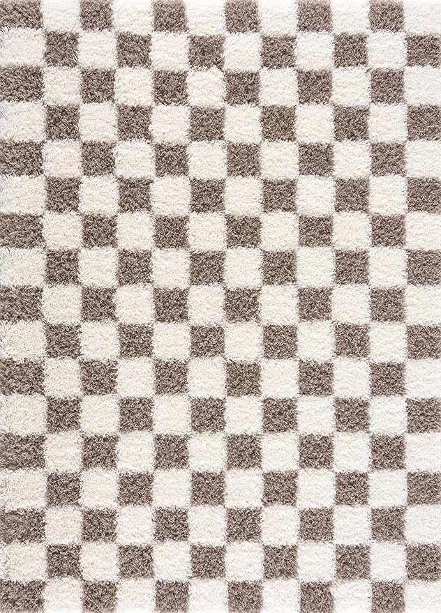 Hauteloom Atira Contemporary Checkered Fluffy Shag Area Rug - Modern Geometric Carpet Tiles for Living Room, Kids Room, Nursery - Plush Pile - Cream,Light Brown - 4' x 6'