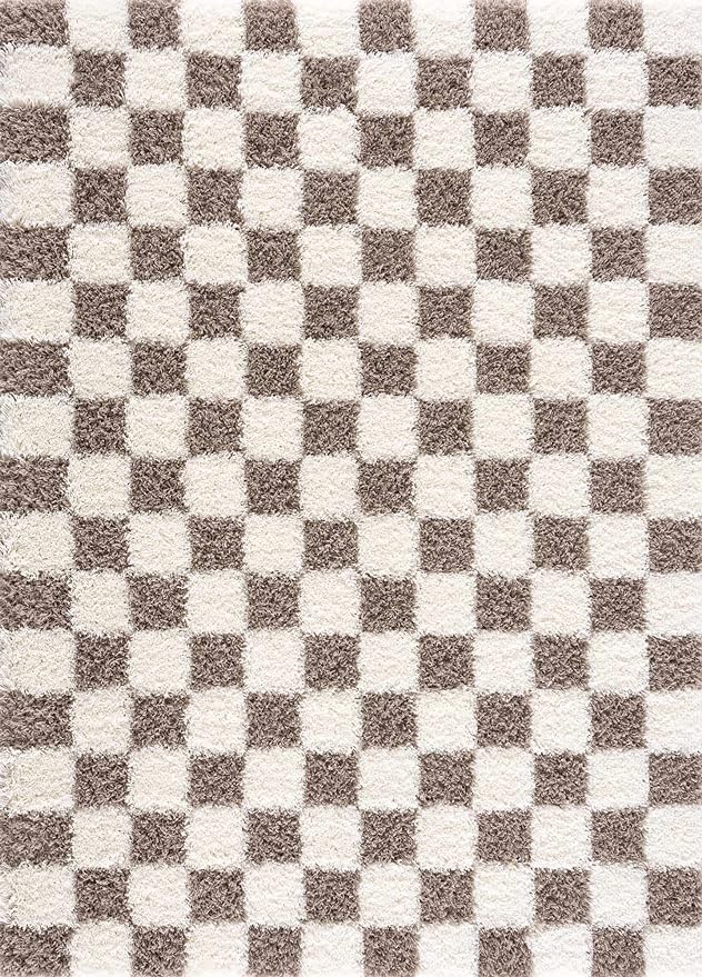 Hauteloom Atira Contemporary Checkered Fluffy Shag Area Rug - Modern Geometric Carpet Tiles for Living Room, Kids Room, Nursery - Plush Pile - Cream, Brown - 8'10" x 12'