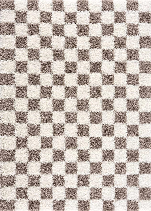 BoutiqueRugs Atira Modern Checkered Shag Area Rug - High Pile Fluffy Shaggy Carpet for Kids Room, Nursery, Living Room - Brown, Cream, White, Taupe - 7'10" X 10'3" (8x10)