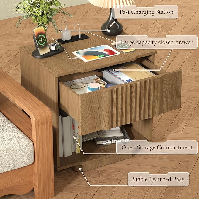 XIAO WEI End Table with 20W Fast Charging Station Set of 2,Fluted Side Table with Storage,End Table with Drawers,Sofa Table for Living Room, Natrual