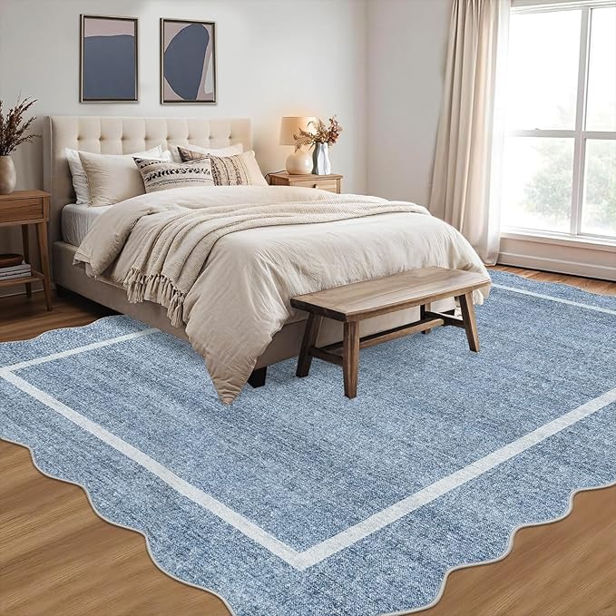 GarveeHome Scalloped Washable Rug 9x12 Area Rug for Bedroom Modern Living Room Rug Farmhouse Non Slip Large Area Rug Soft Throw Rugs Stain Resistant Carpet for Dining Room Nursery Blue 9 ft x12 ft